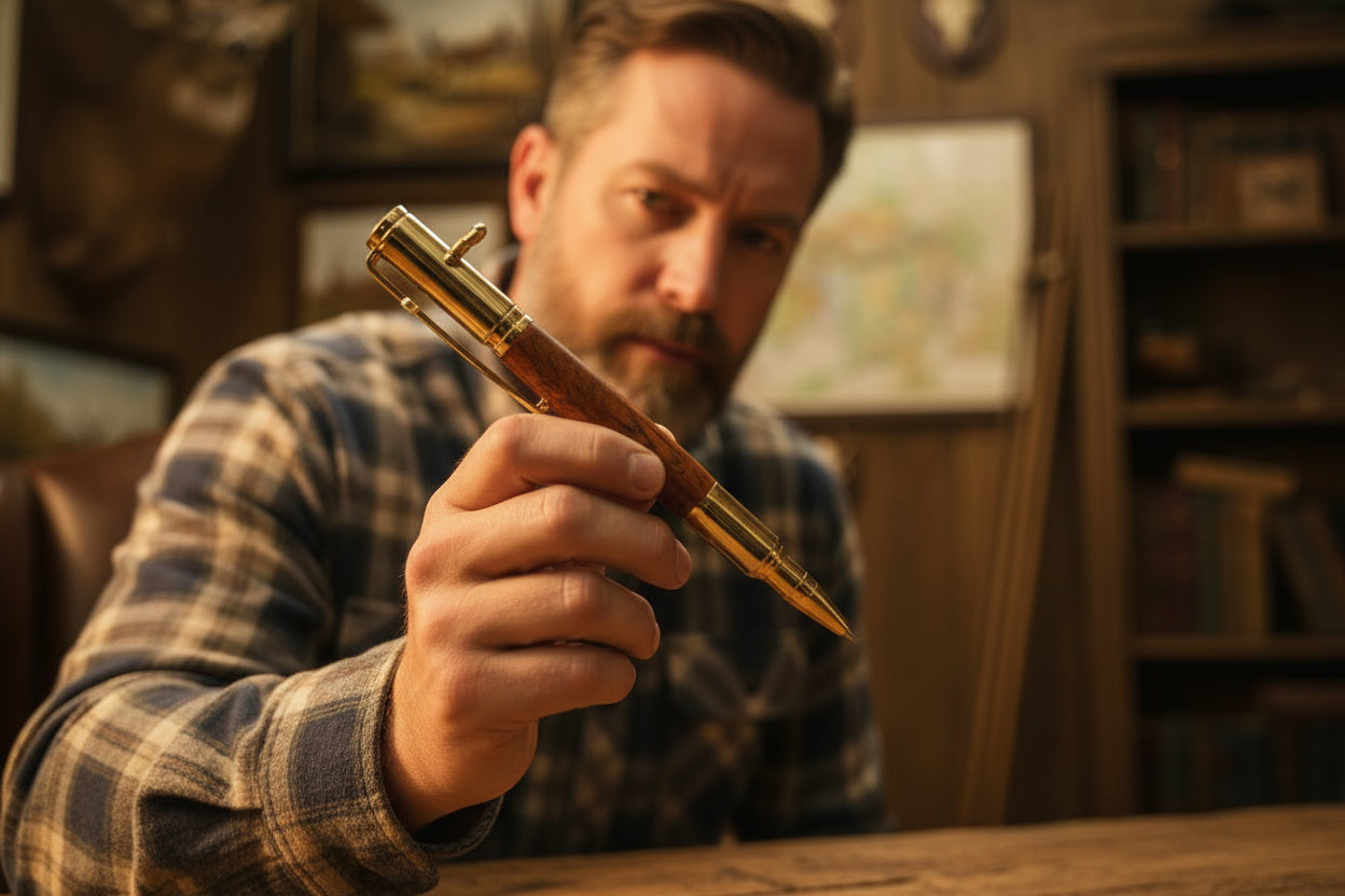 Hand Carved Afzelia Burl Bolt Action Pen - Gold Finish