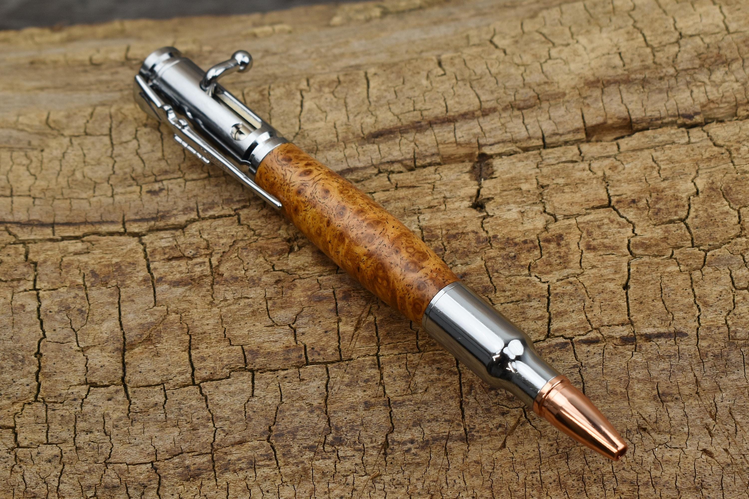 Hand Carved Wood Bolt Action Pen: River Tamarind Burl, Chrome Finish