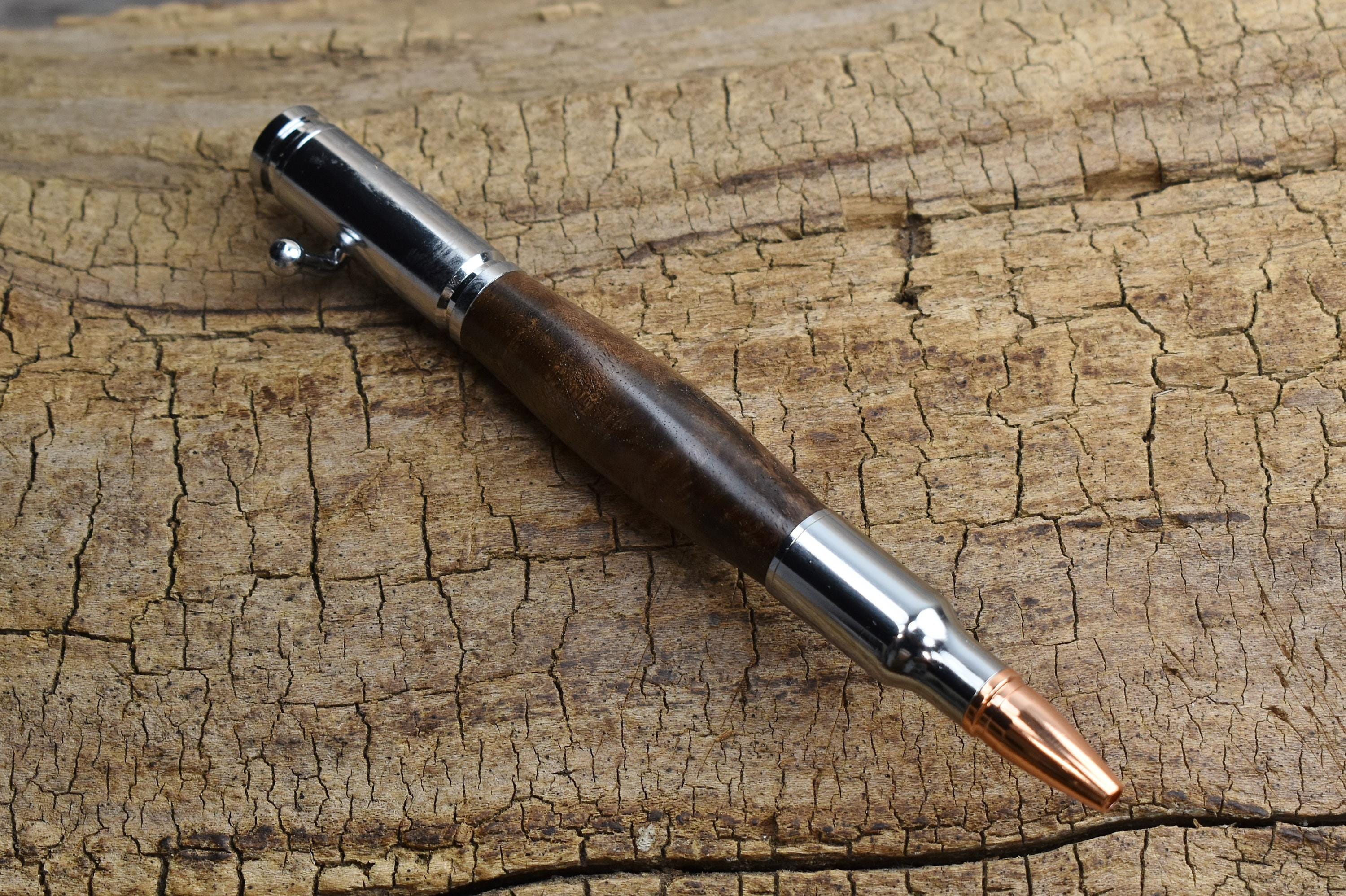 Hand Carved Walnut Burl Bolt Action Pen - Chrome Finish