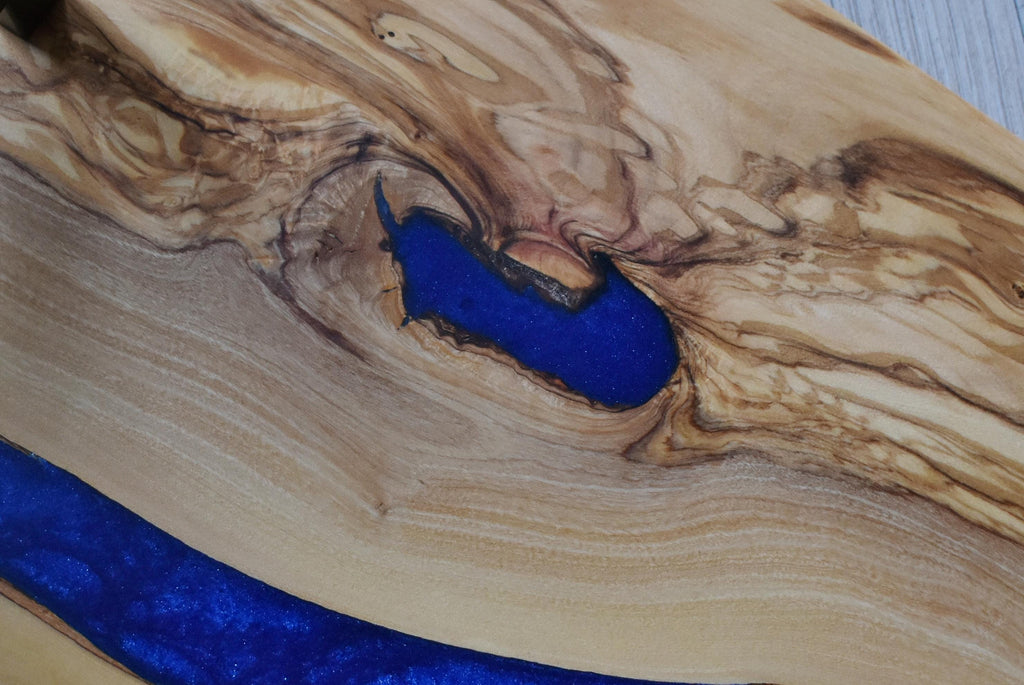 Blue Resin Charcuterie Board: Figured Italian Olivewood, Live Edge