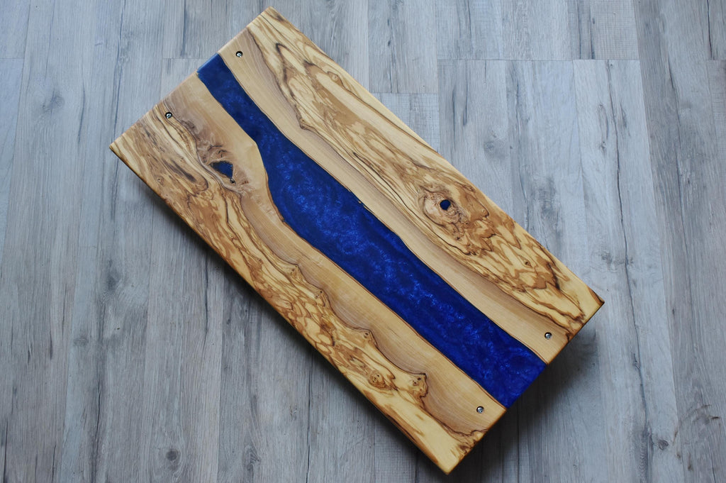 Blue Resin Charcuterie Board: Figured Italian Olivewood, Live Edge