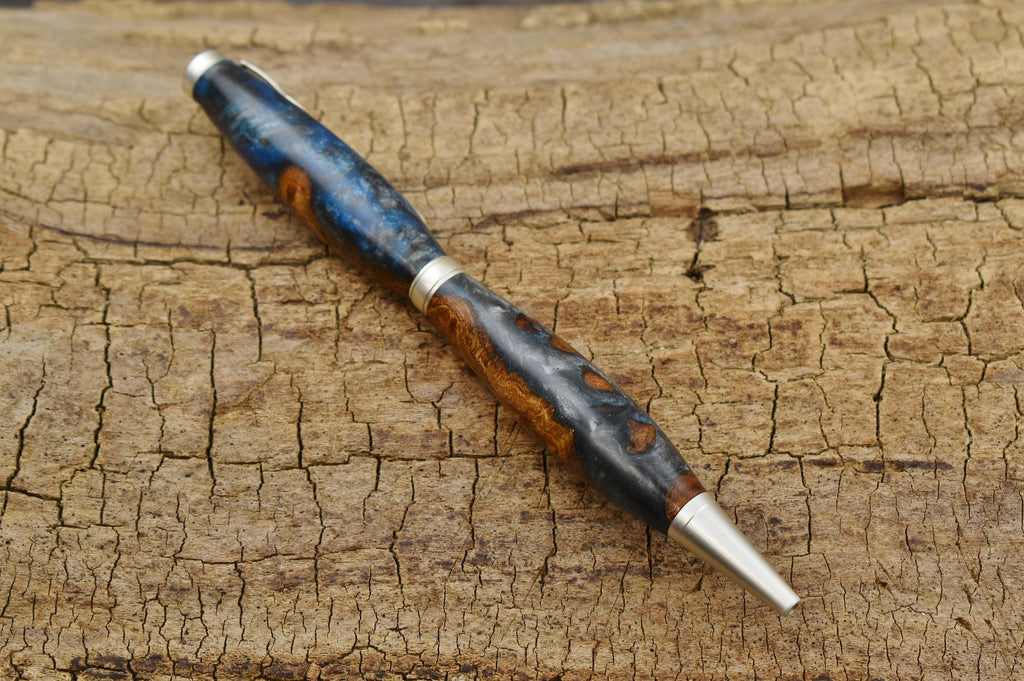 Blue Resin Elm Burl Wood Pen - Satin Pearl Finish