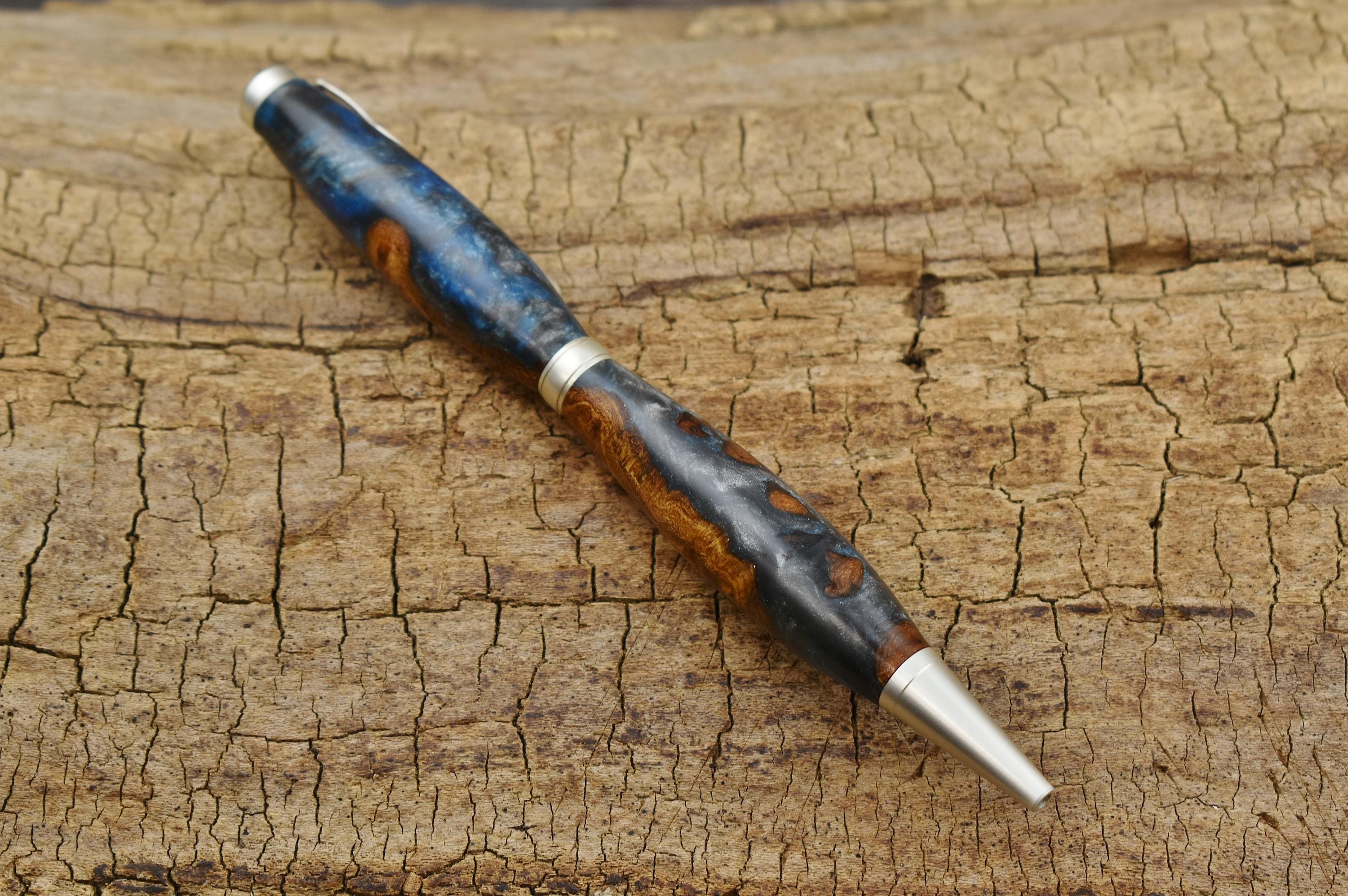 Blue Resin Elm Burl Wood Pen - Satin Pearl Finish