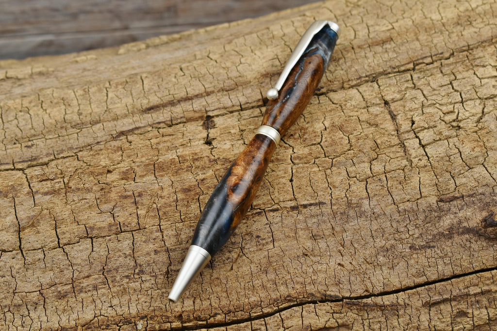 Blue Resin Elm Burl Wood Pen - Satin Pearl Finish