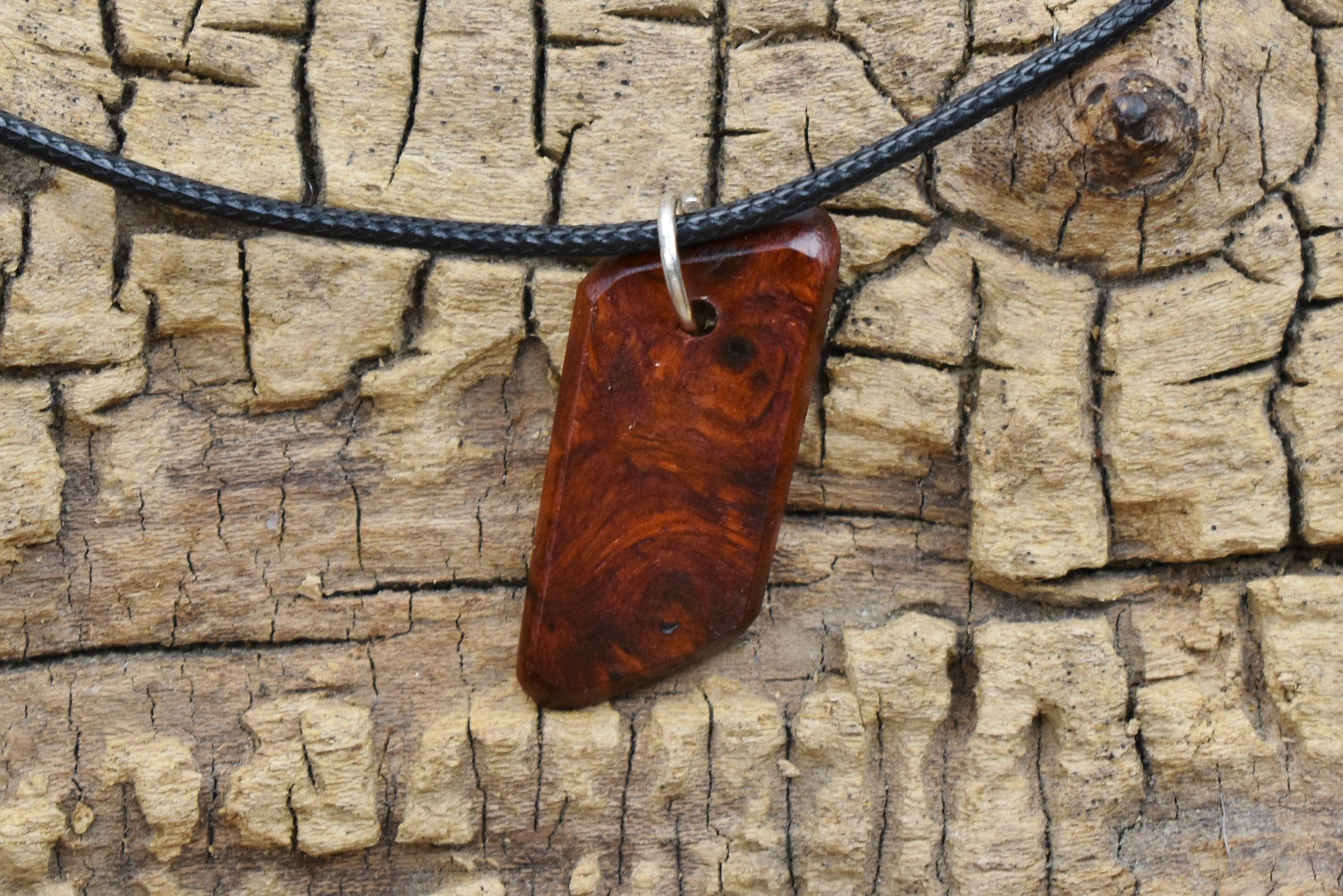 Handmade Amboyna Burl Wood Pendant Necklace: Adjustable 18-20 inch