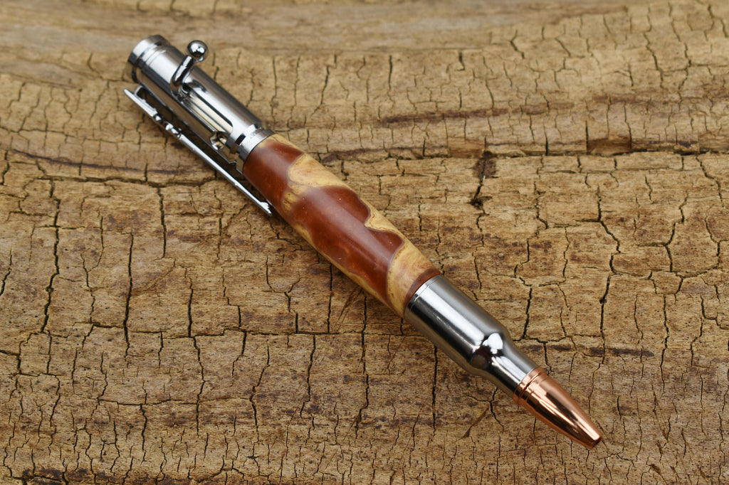 Hand Carved Australian Mallee Burl Bolt Action Pen - Chrome Finish