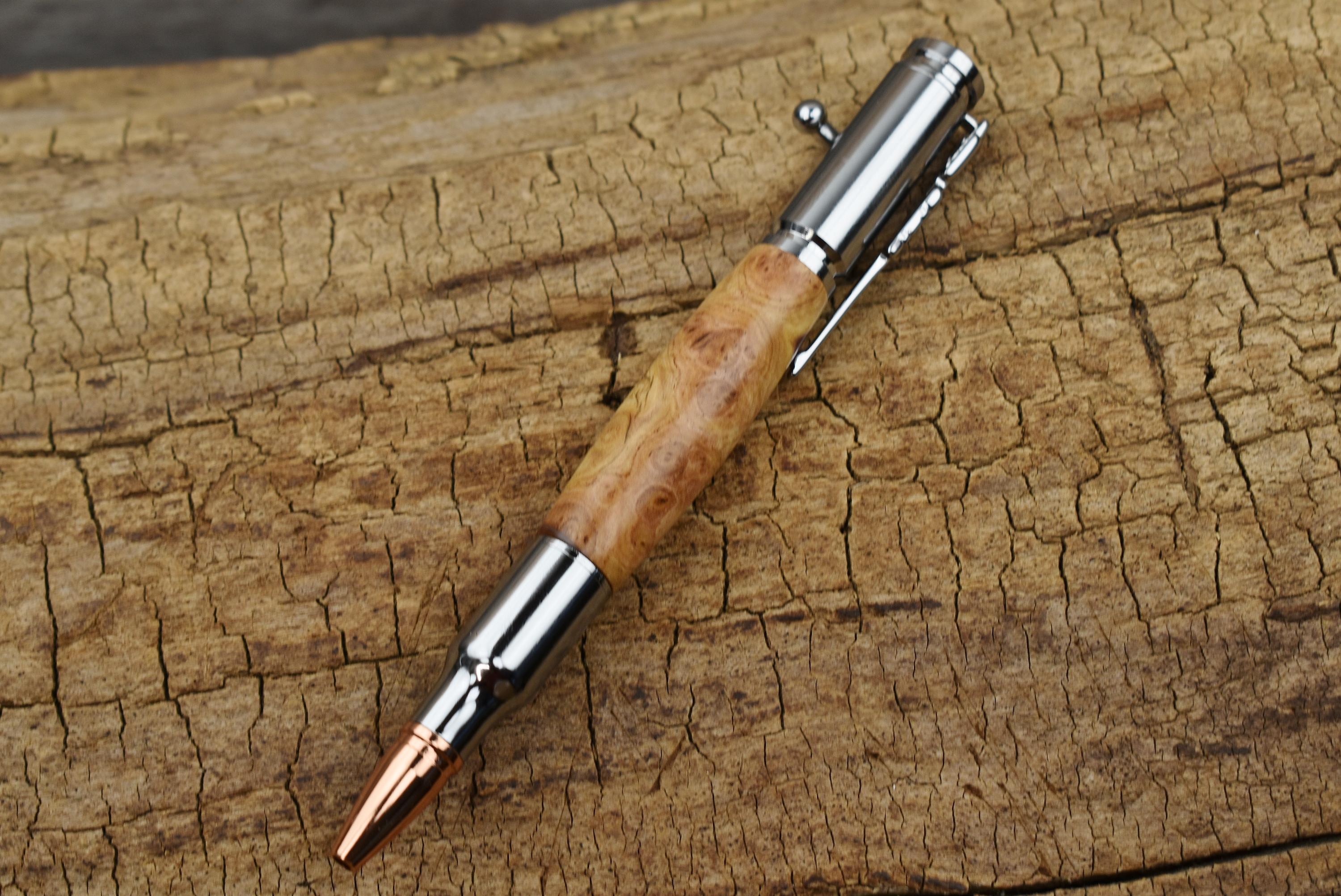 Hand Carved Australian Mallee Burl Bolt Action Pen - Chrome Finish