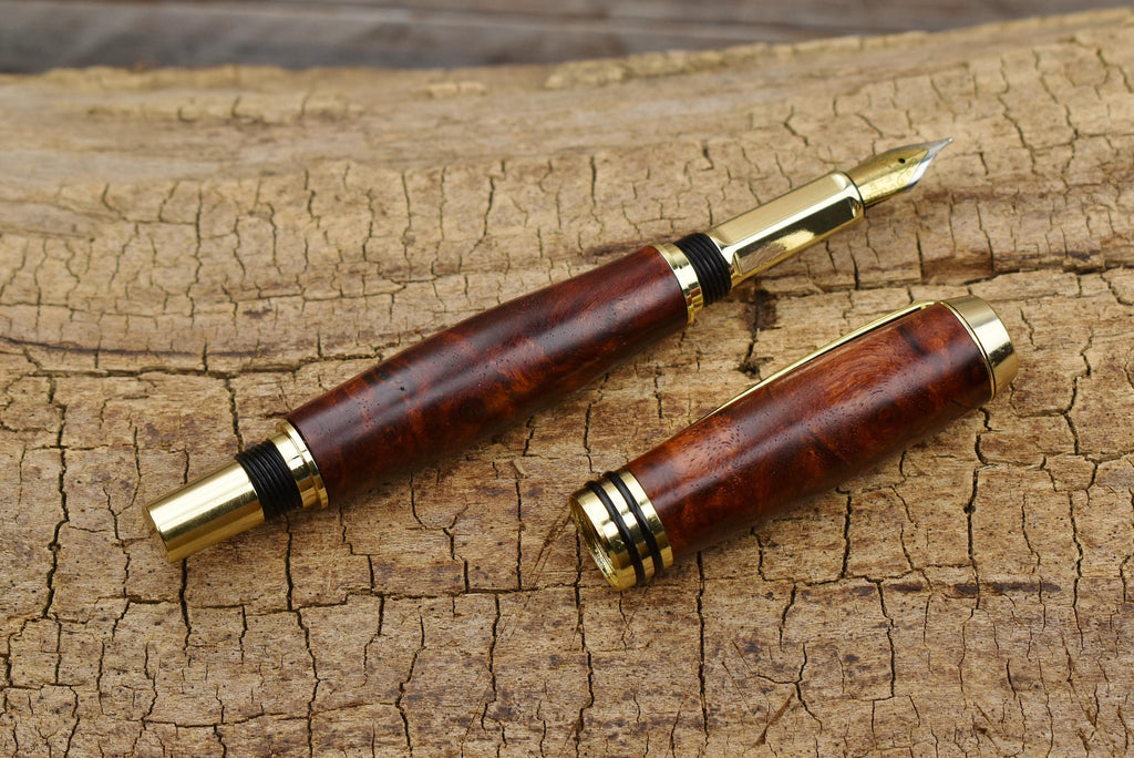 Hand Carved Amboyna Burl Fountain Pen - Gold Finish