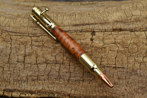 Hand Carved Afzelia Burl Bolt Action Pen - Gold Finish
