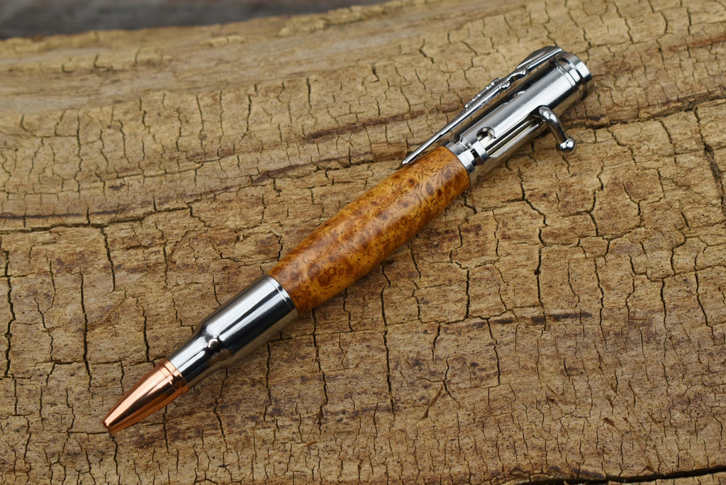 Hand Carved Wood Bolt Action Pen: River Tamarind Burl, Chrome Finish