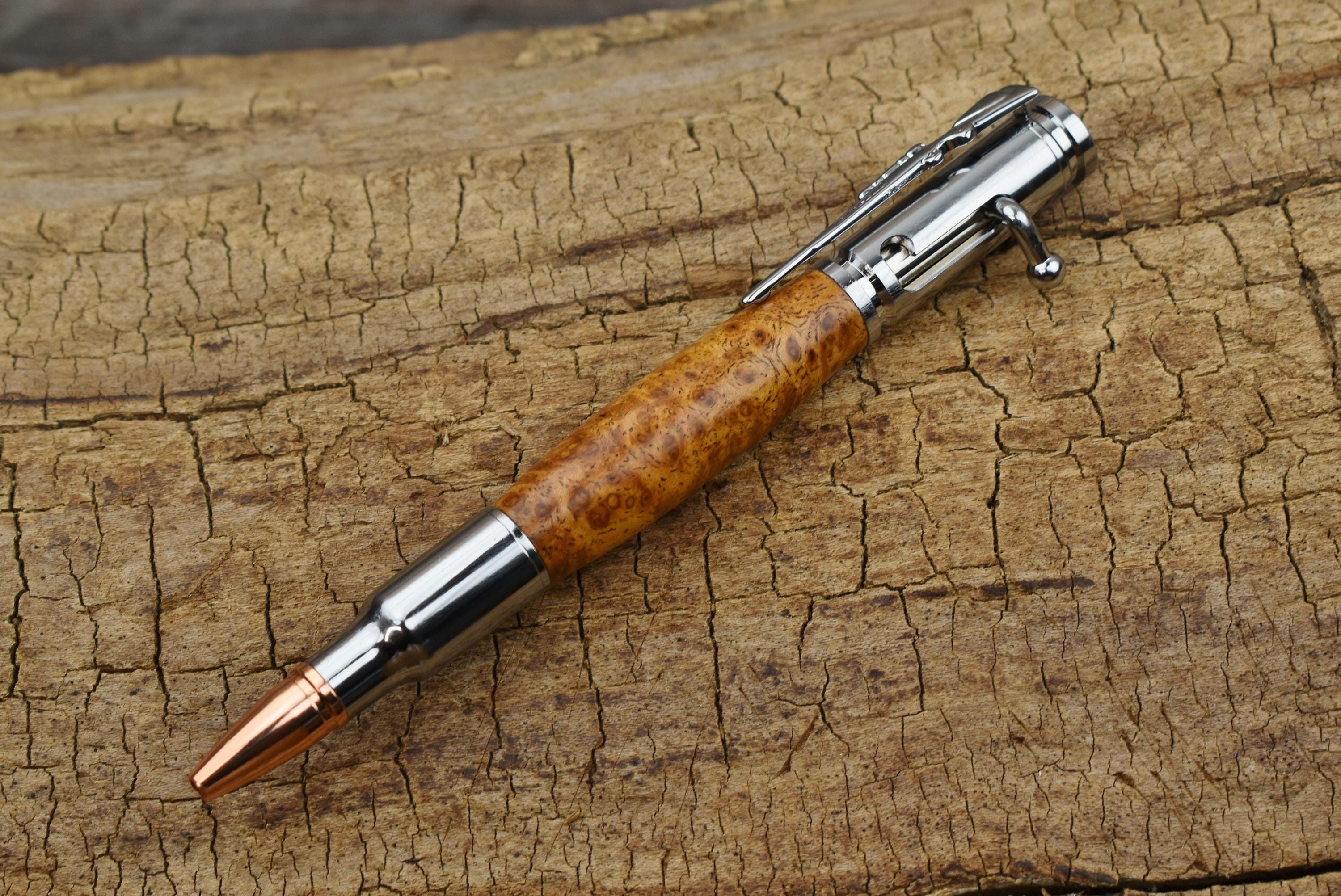 Hand Carved Wood Bolt Action Pen: River Tamarind Burl, Chrome Finish
