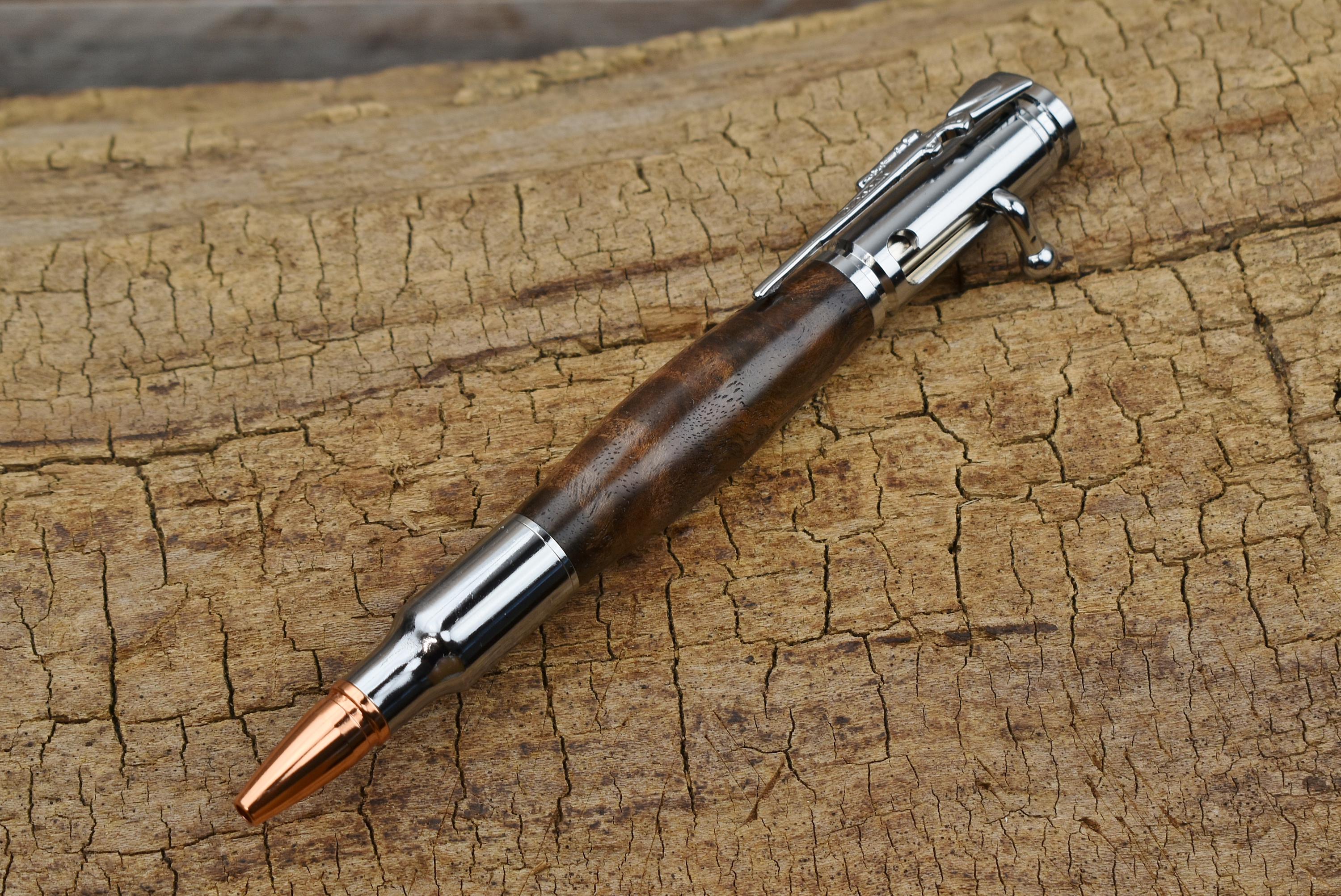 Hand Carved Walnut Burl Bolt Action Pen - Chrome Finish