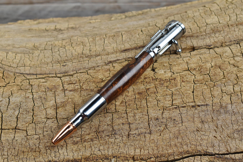 Hand Carved Burl Wood Bolt Action Pen - Chrome Finish