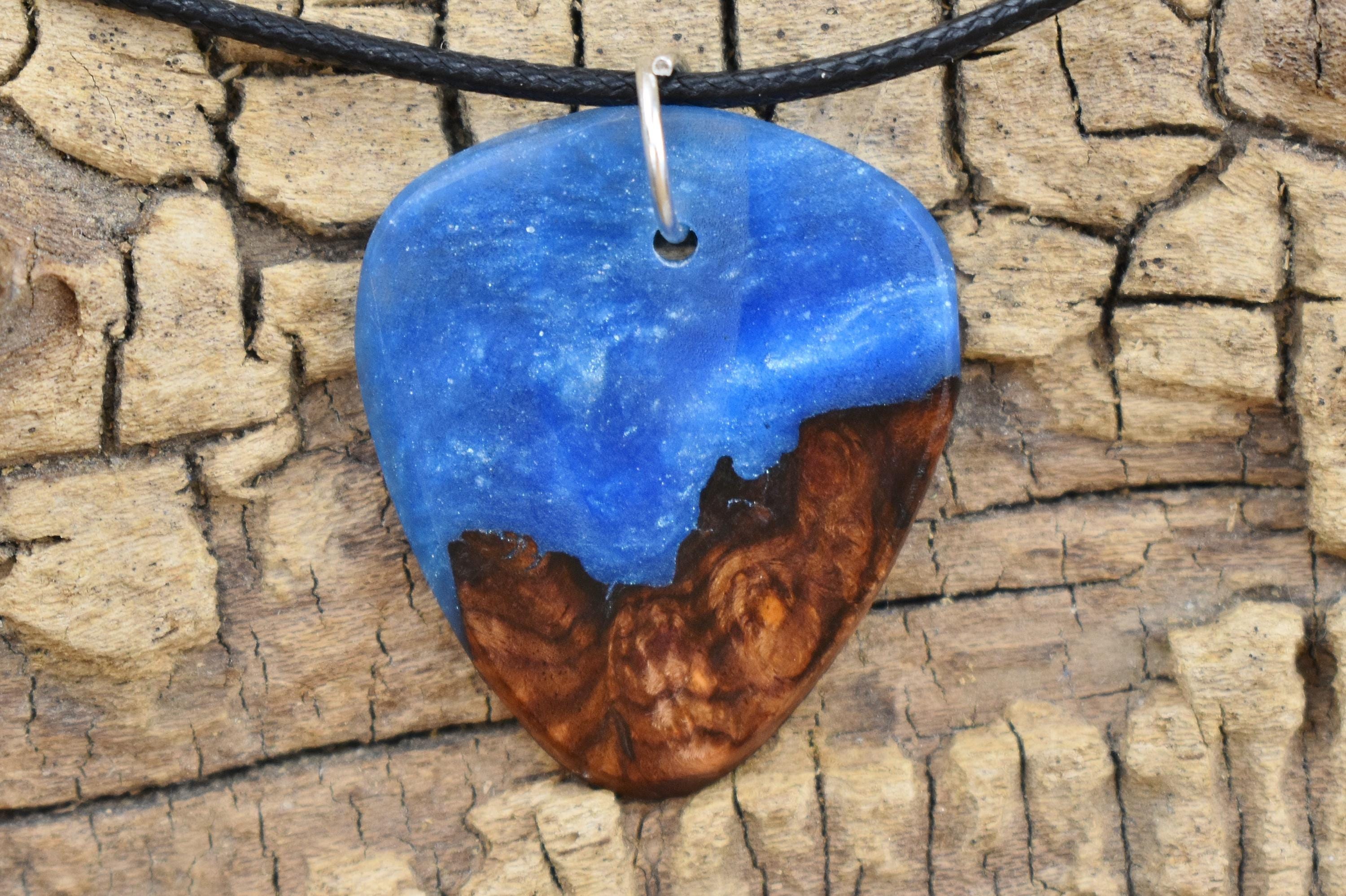 Honduran Rosewood Burl Guitar Pick Pendant: Caribbean Blue Resin Necklace