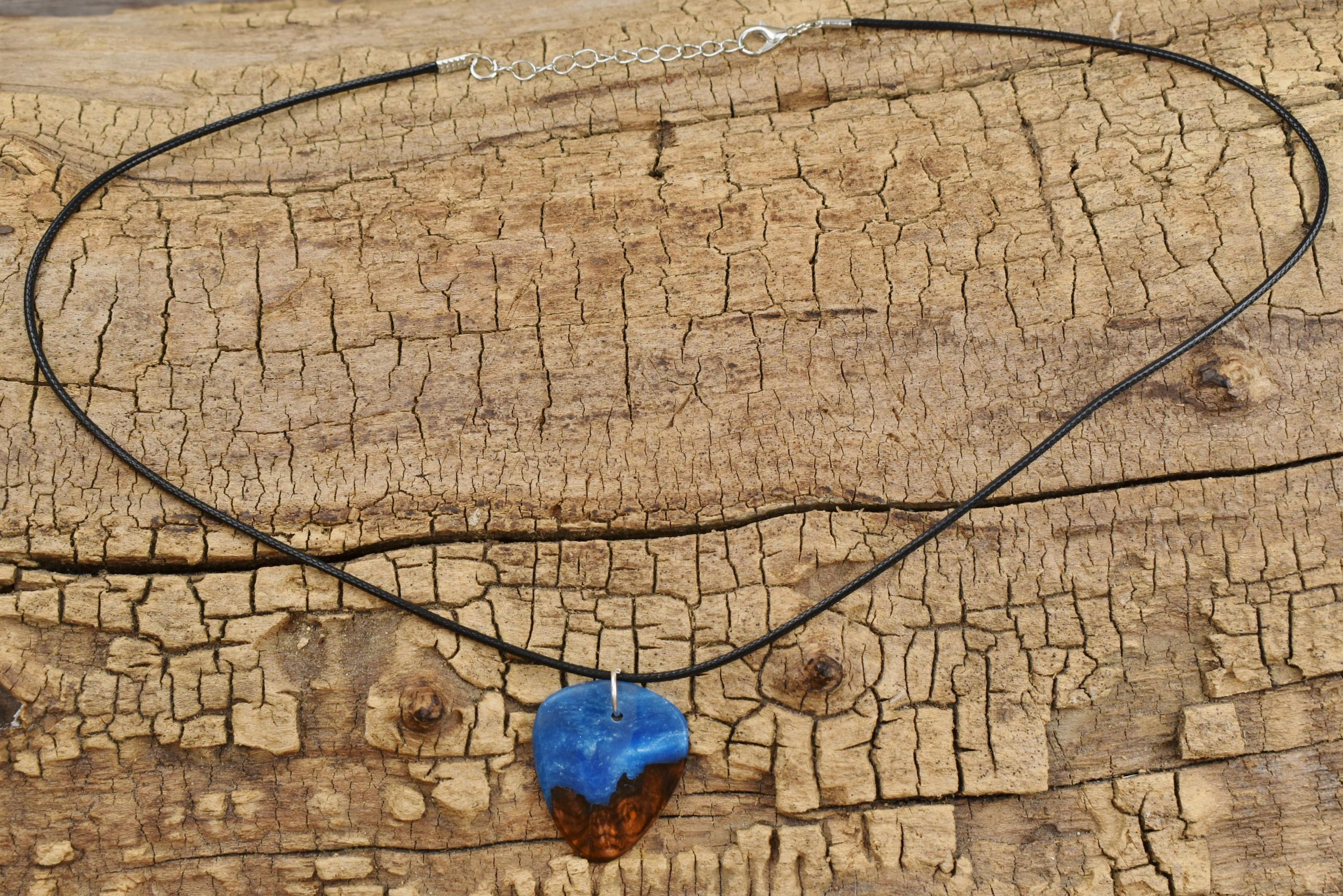 Honduran Rosewood Burl Guitar Pick Pendant: Caribbean Blue Resin Necklace