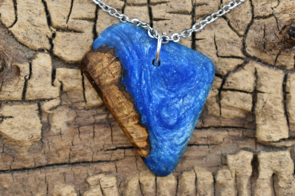 Handmade Campeche Burl Wood Pendant Necklace: Caribbean Blue Resin, 20 inch Chain