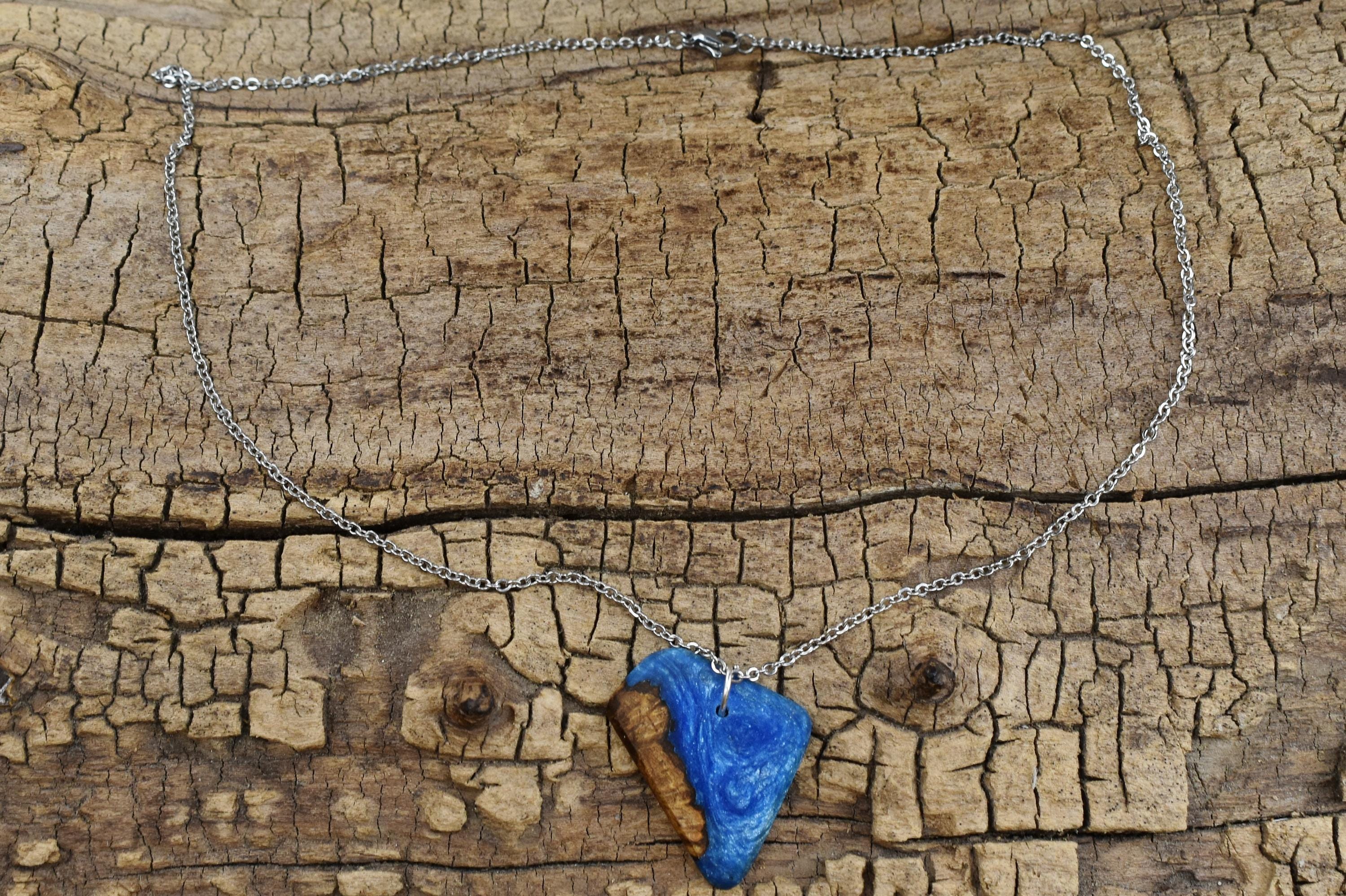 Handmade Campeche Burl Wood Pendant Necklace: Caribbean Blue Resin, 20 inch Chain