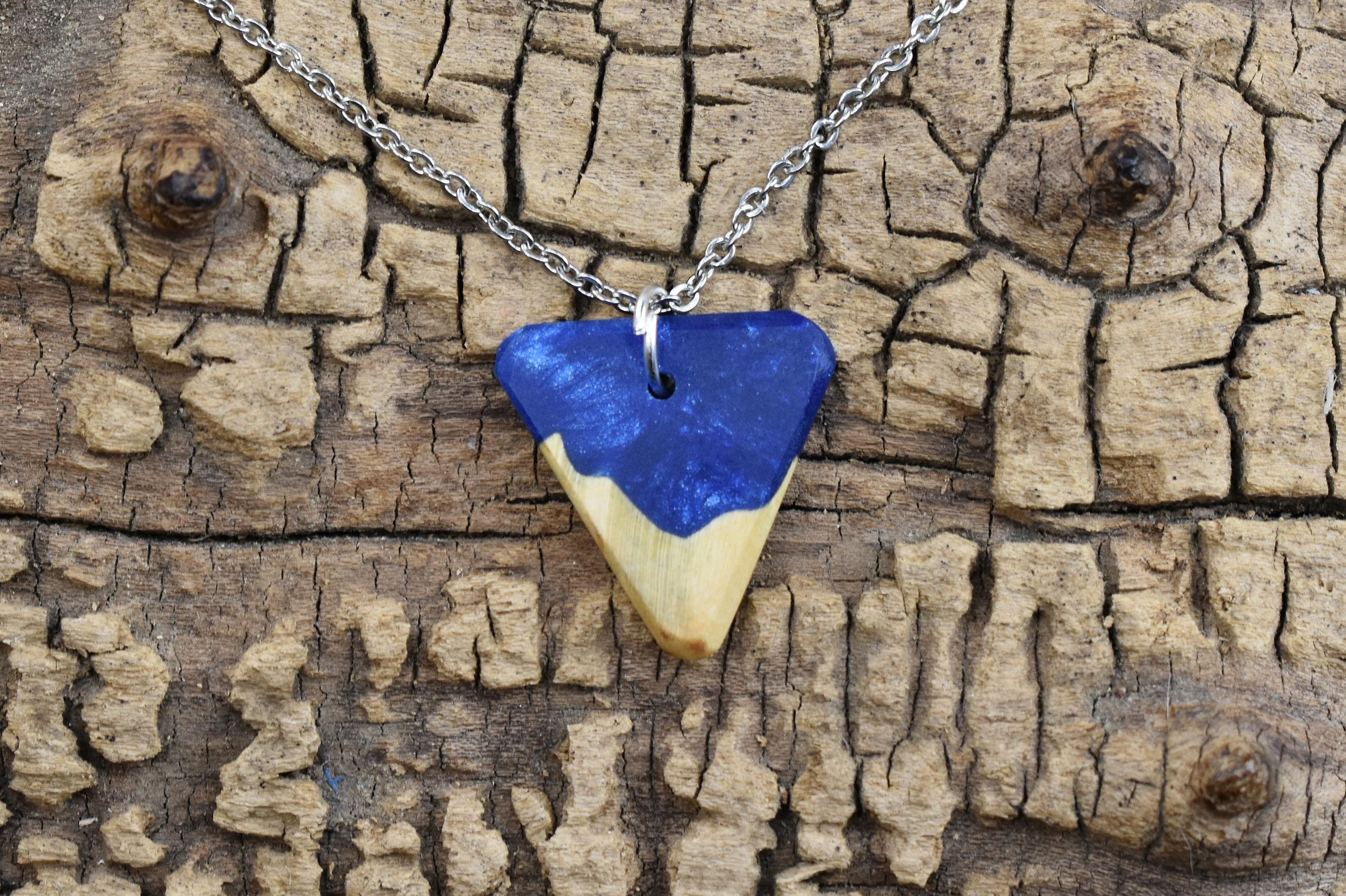 Maple Burl Wood Pendant Necklace: Cobalt Blue Resin, 20in Chain