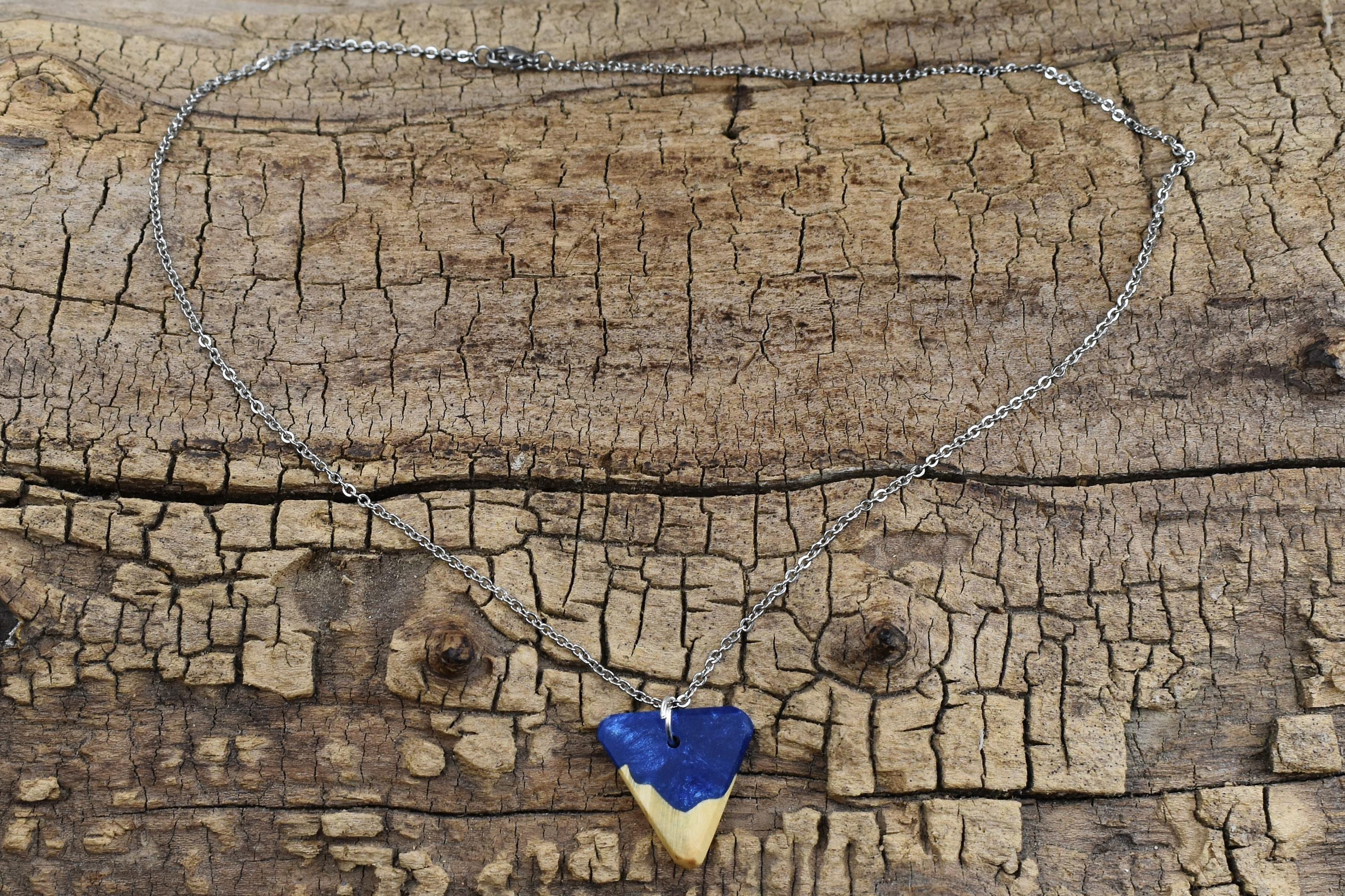Maple Burl Wood Pendant Necklace: Cobalt Blue Resin, 20in Chain