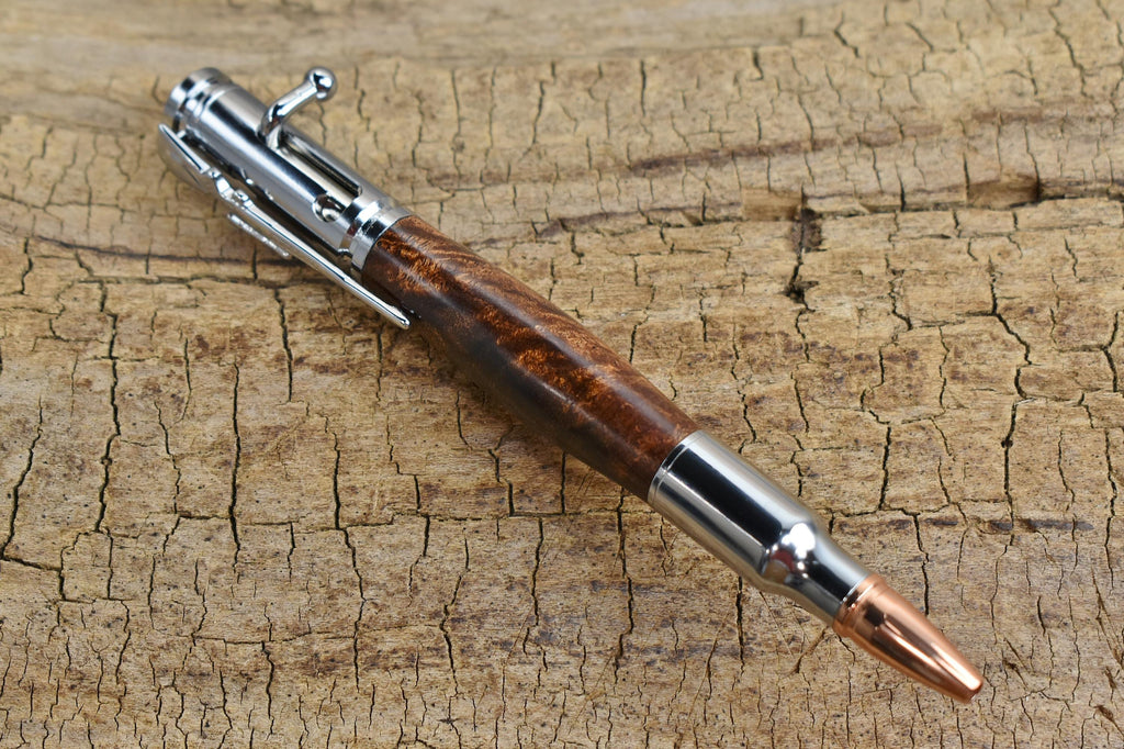 Hand Carved Burl Wood Bolt Action Pen - Chrome Finish