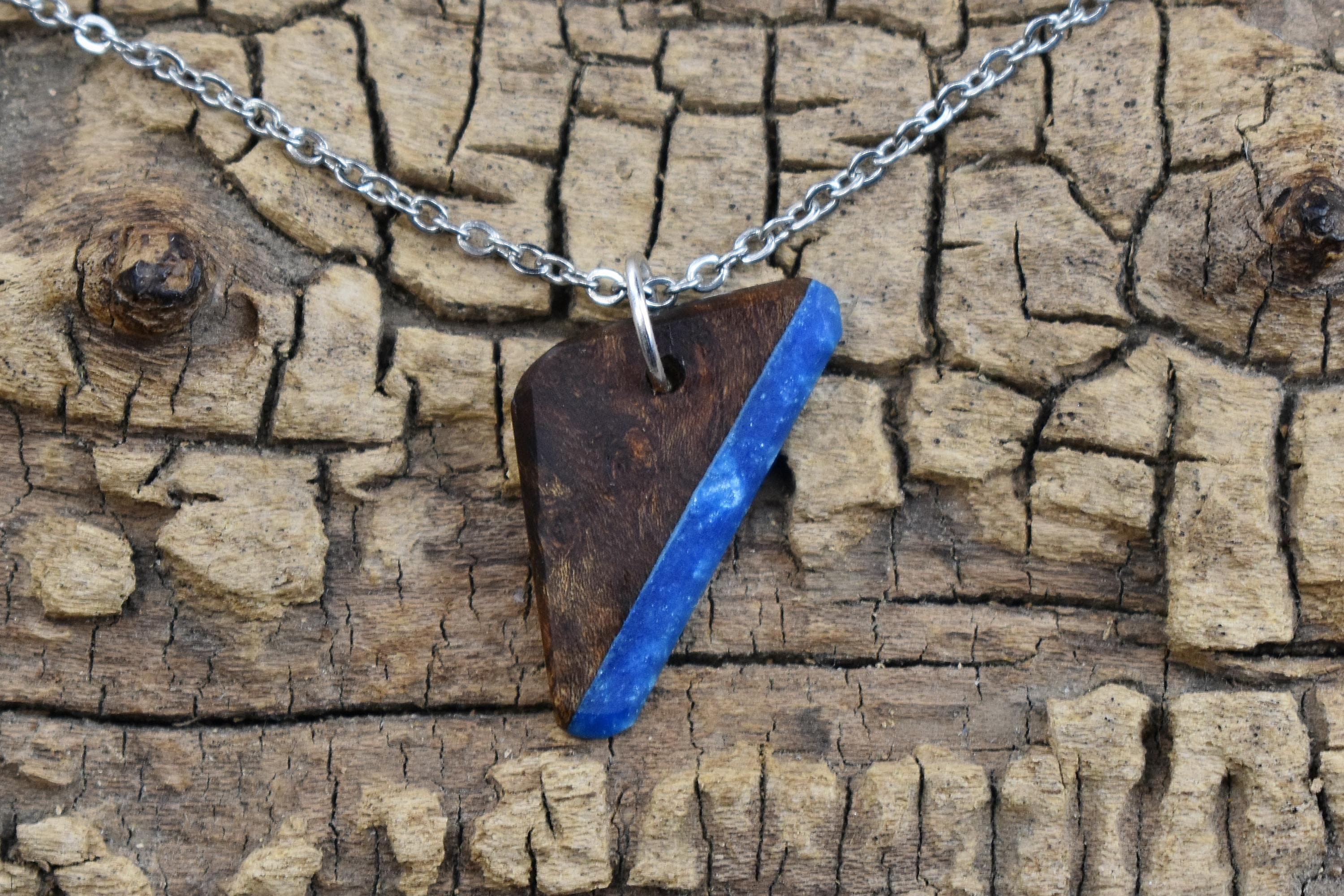 Elm Burl Wood Pendant Necklace: Caribbean Blue Resin, 20in Chain