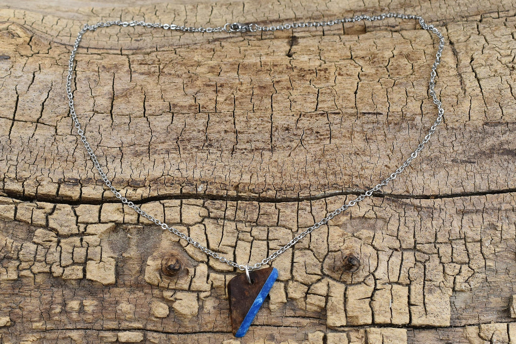 Elm Burl Wood Pendant Necklace: Caribbean Blue Resin, 20in Chain