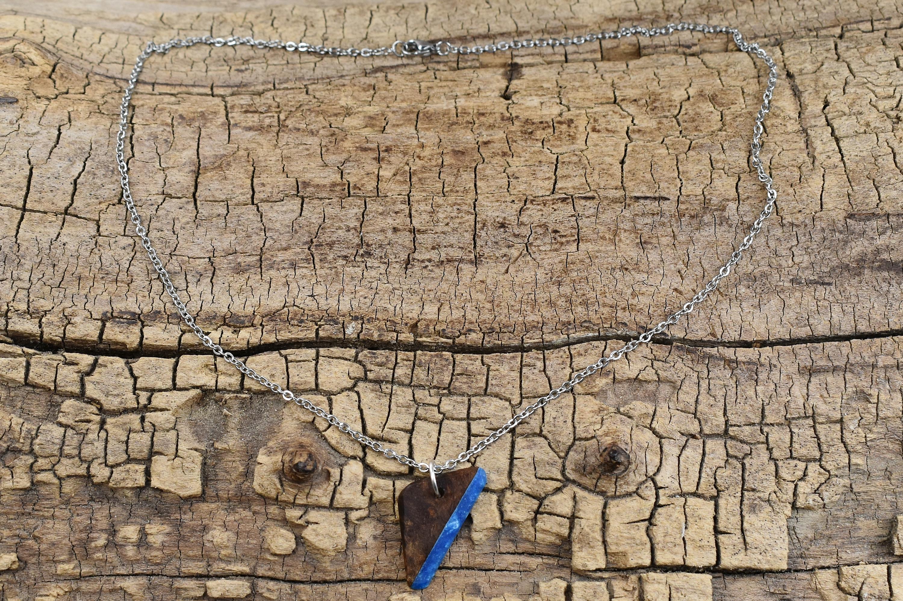Elm Burl Wood Pendant Necklace: Caribbean Blue Resin, 20in Chain