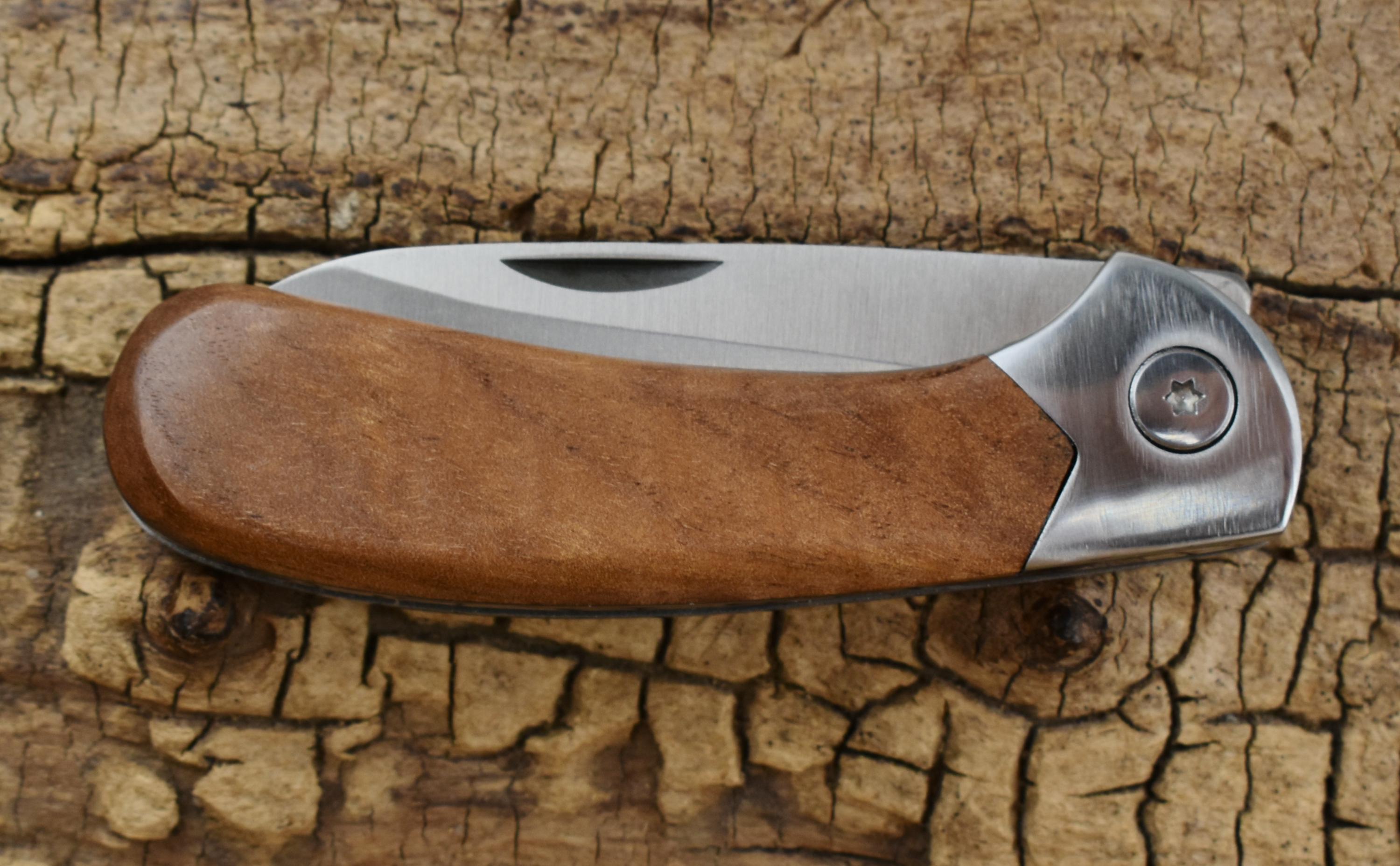 Pocket Knife with Southeast Asian Curly Satinwood Wood Handle - Hunting Knife - Engraving Option Available