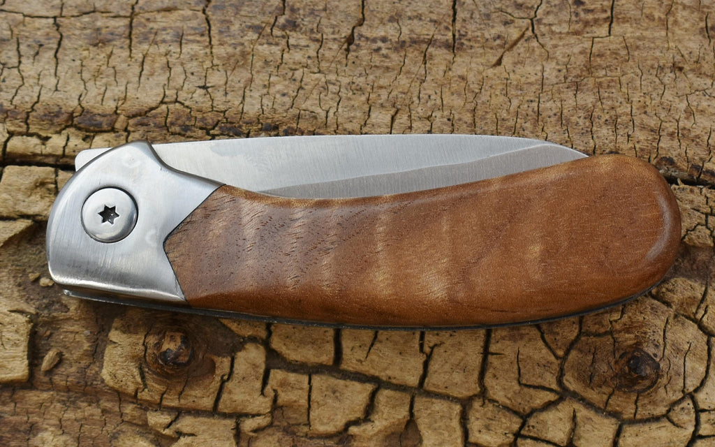 Pocket Knife with Southeast Asian Curly Satinwood Wood Handle - Hunting Knife - Engraving Option Available