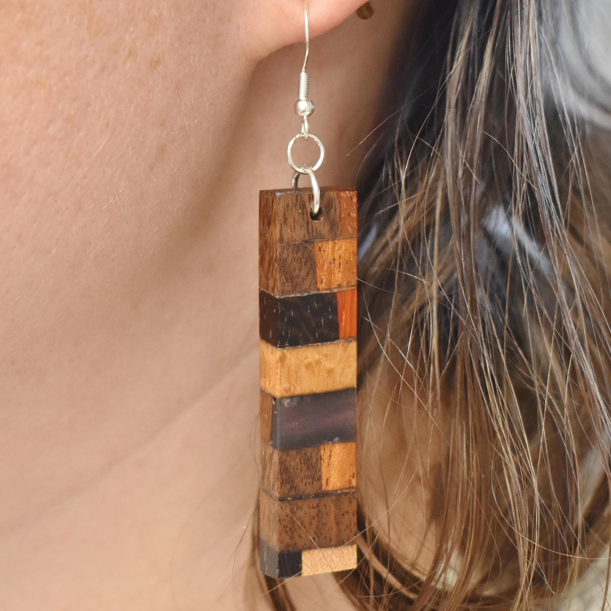 Handmade Resin Wood Earrings - Unique Mixed Woods Design
