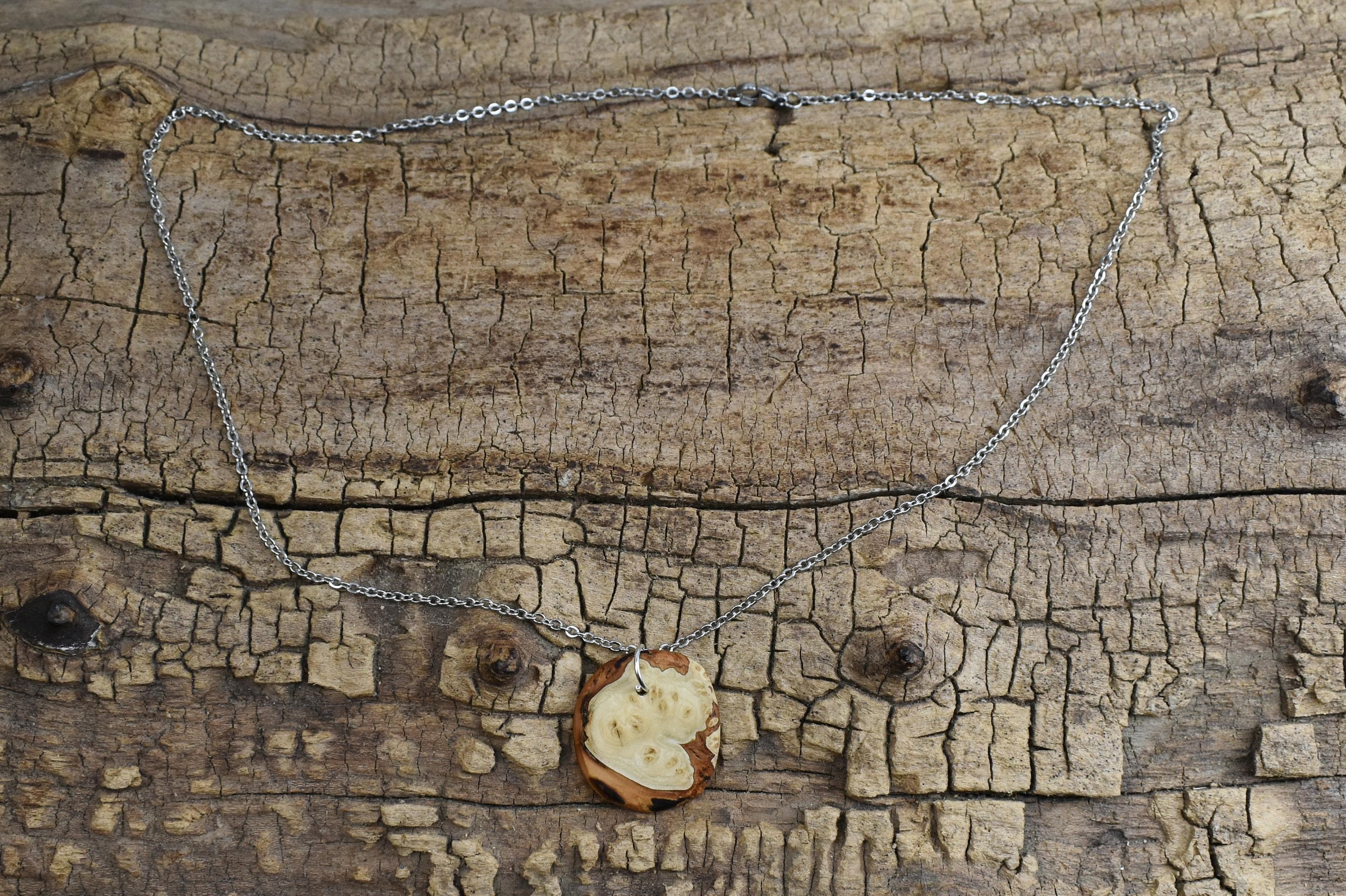 Handmade Redbud Burl Wood Pendant Necklace - 20 inch Chain