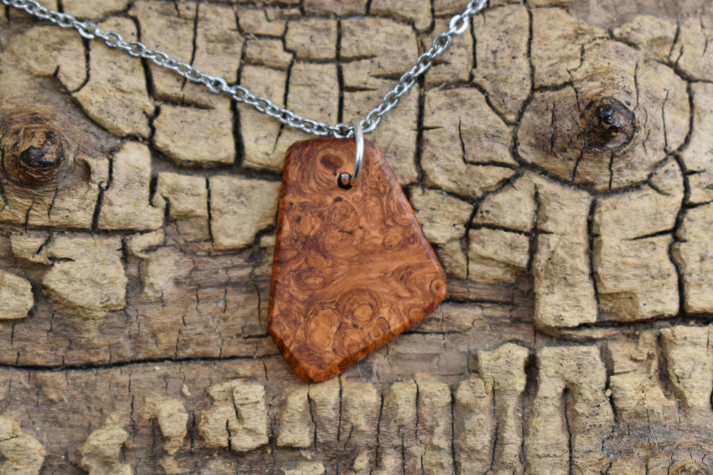 Afzelia Burl Wood Pendant Necklace: Handmade Rare Wood, 20 inch Chain