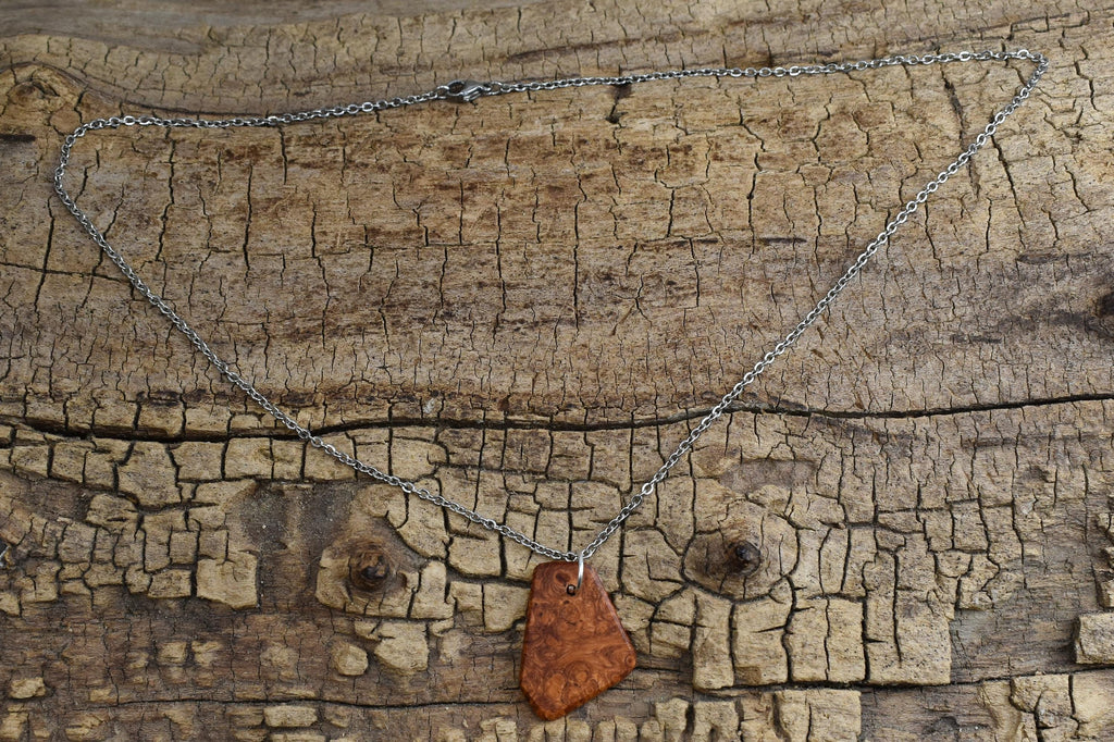 Afzelia Burl Wood Pendant Necklace: Handmade Rare Wood, 20 inch Chain