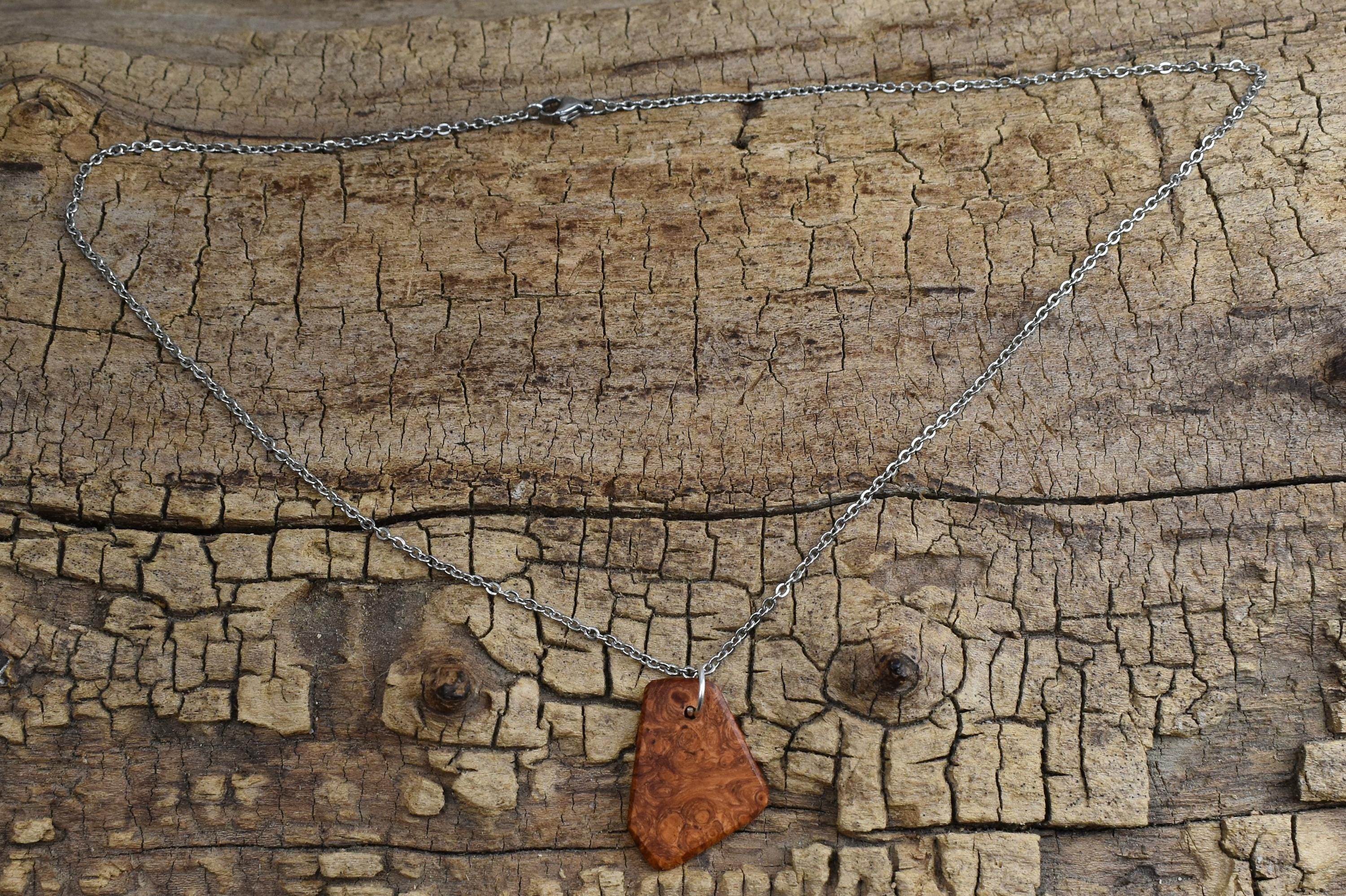 Afzelia Burl Wood Pendant Necklace: Handmade Rare Wood, 20 inch Chain