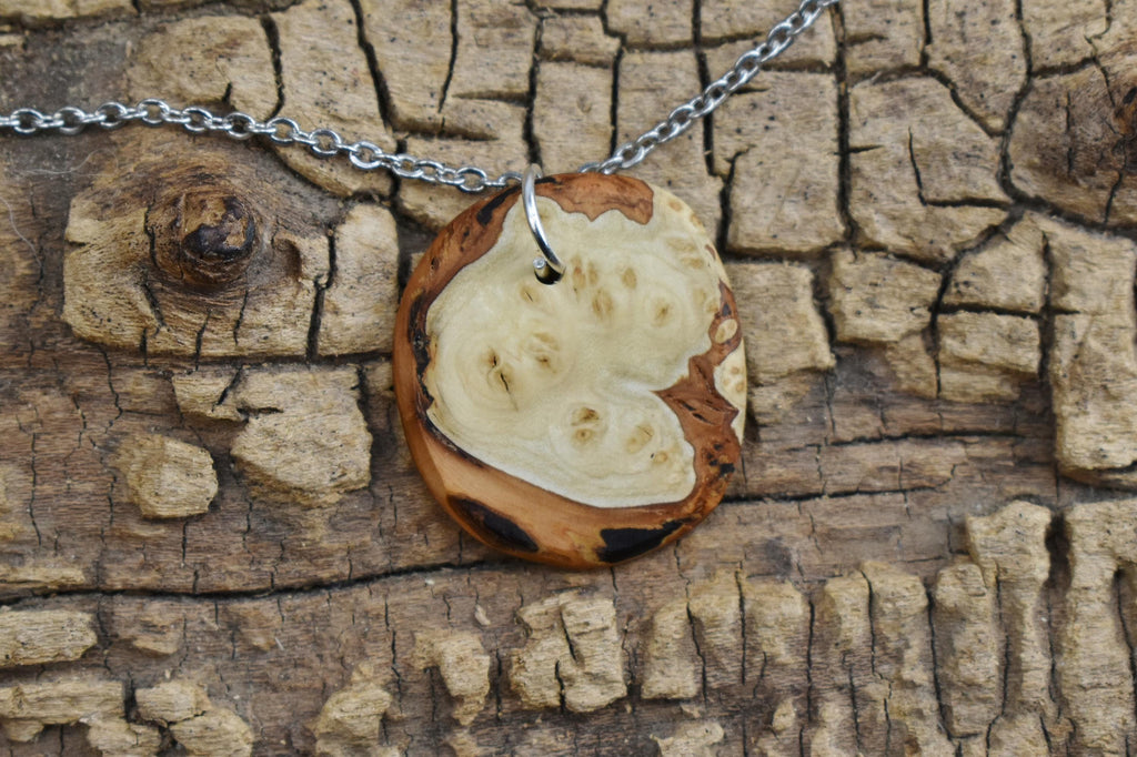 Handmade Redbud Burl Wood Pendant Necklace - 20 inch Chain