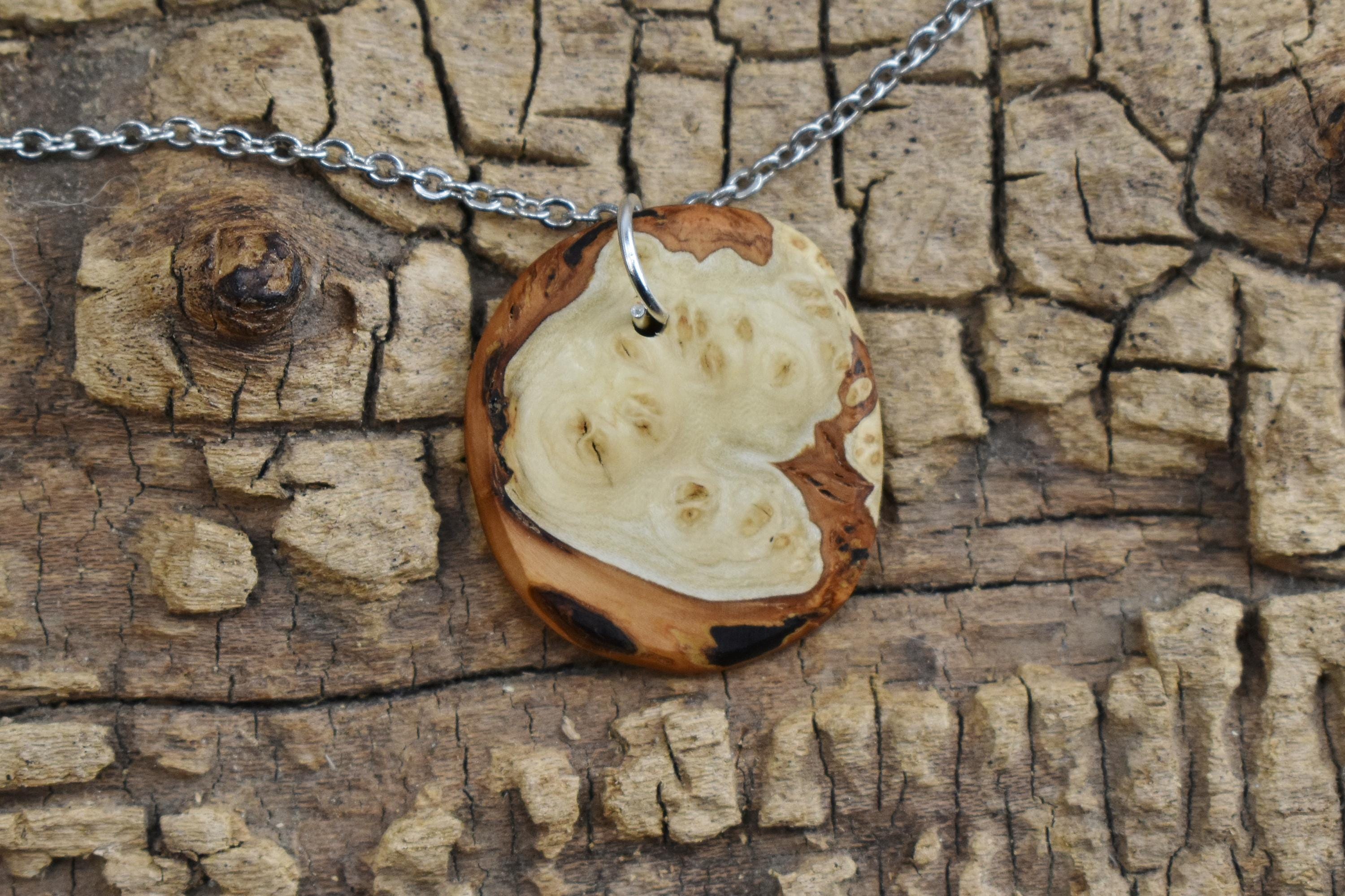 Handmade Redbud Burl Wood Pendant Necklace - 20 inch Chain