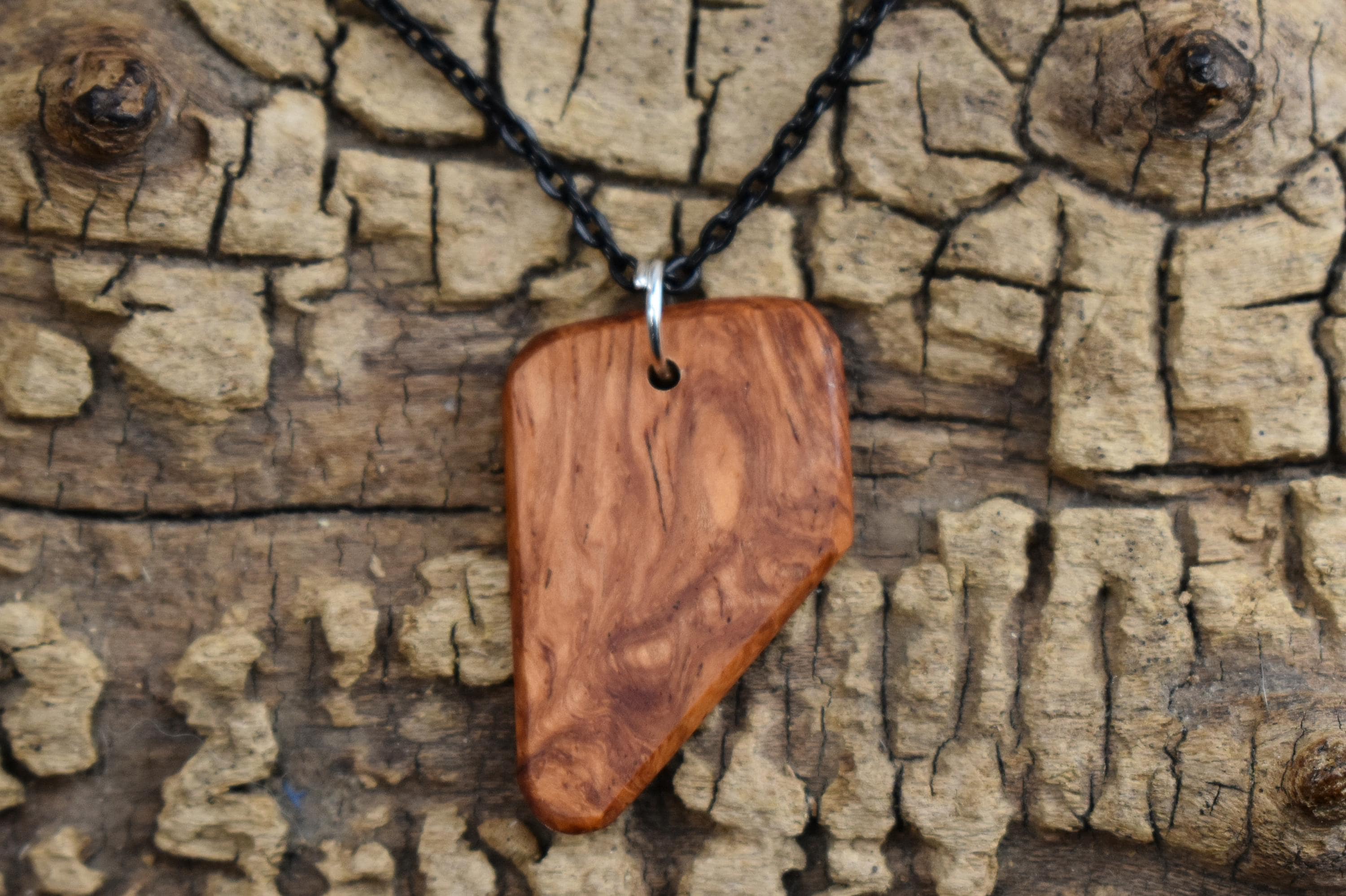 Afzelia Burl Wood Pendant Necklace: Handmade Rare Wood, 18 inch Chain