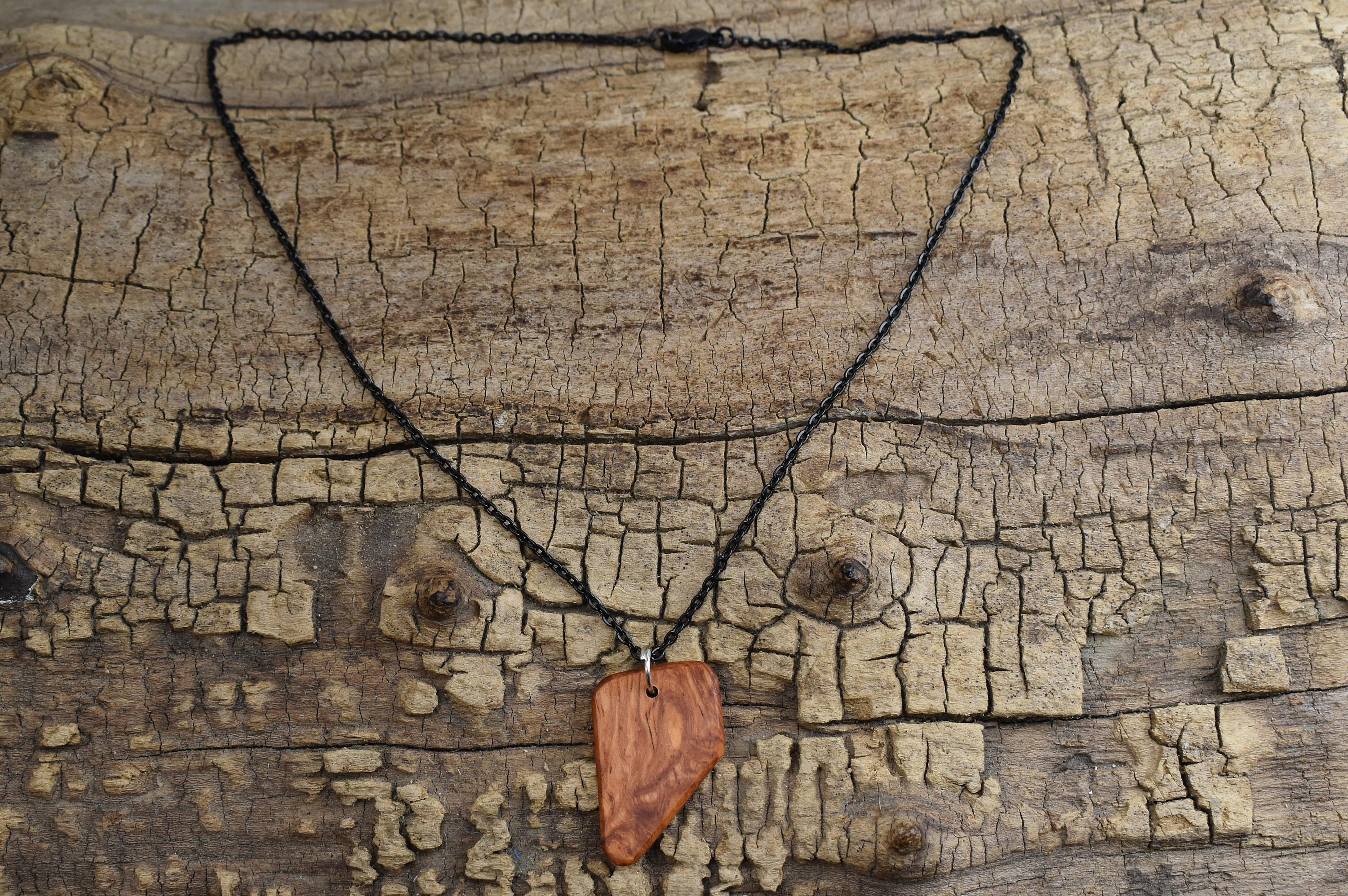 Afzelia Burl Wood Pendant Necklace: Handmade Rare Wood, 18 inch Chain