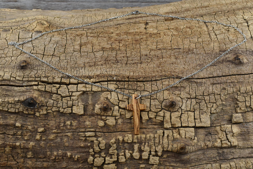 Handmade Cross made out of Authentic Olivewood From Bethlehem Pendant Necklace - 24 inch Chain